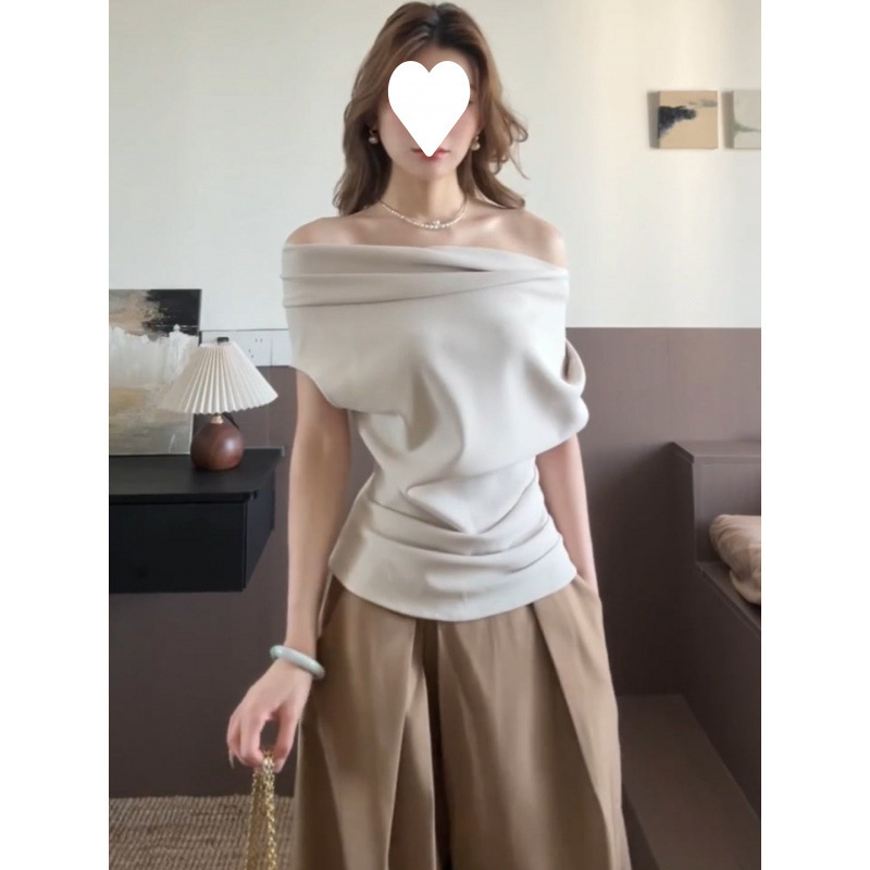 套装女2025夏新款韩系辣妹斜肩收腰显瘦T恤上衣高腰阔腿裤两件套|undefined