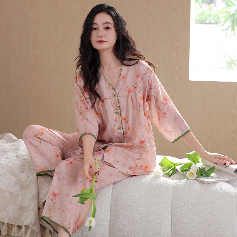 2026 New Spring and Summer Lyocell Tencel Pajamas for Women, Cardigan with Three-Quarter Sleeves, Cool Summer Style Long Pants Loungewear 2026 New Spring and Summer Lyocell Tencel Pajamas for Women, Cardigan with Three-Quarter Sleeves, Cool Summer Style Long Pants Loungewear