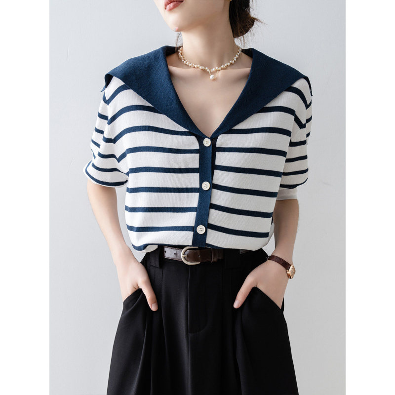 Blue Striped Ice Silk Knit Top for Women, Summer 2026 New Style, Navy Collar, Color-Blocking, Thin and Chic Short-Sleeve Blouse