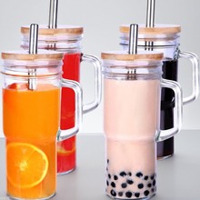 亚马逊24oz竹节梅森杯带把手竹木盖玻璃杯不锈钢吸管杯刷防摔套装