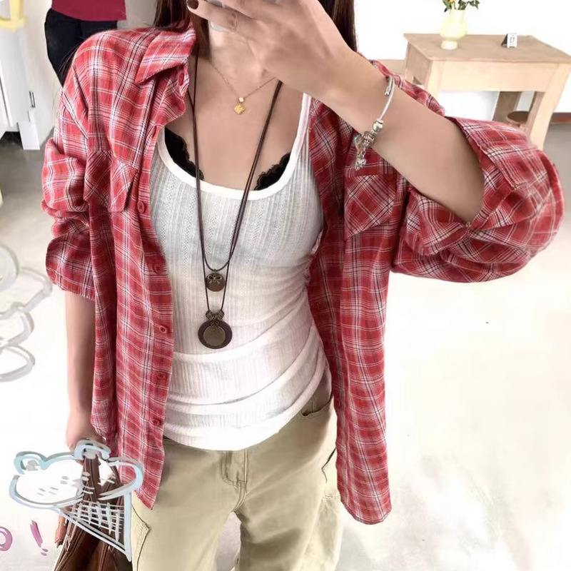 Women's Retro Red Plaid Shirt 2025 New Style Lazy Korean Ins Loose Casual Cardigan Jacket Top Women's Retro Red Plaid Shirt 2025 New Style Lazy Korean Ins Loose Casual Cardigan Jacket Top