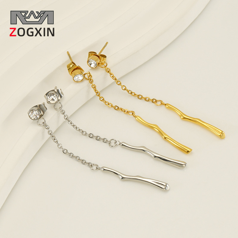 Nueva borla de acero inoxidable de bambú pendientes femeninos europeos y americanos elegantes ins luz pendientes de diamantes de lujo pendientes al por mayor