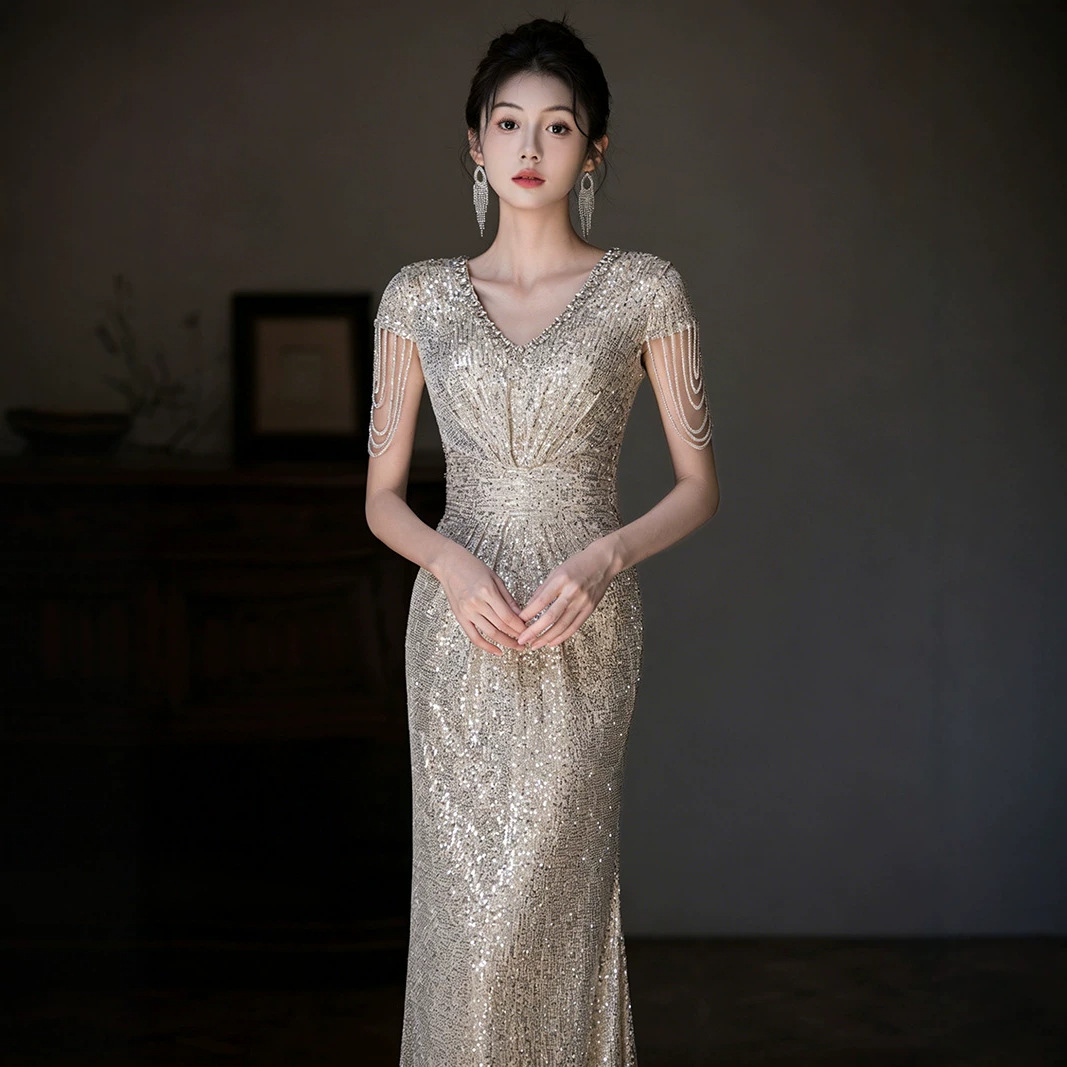 Elegant Silver Sequin Fringe Evening Gown, Mermaid Tail Dress For Formal Banquets, Hosting, Gala Dinners, Pageants_ecoleips.com
