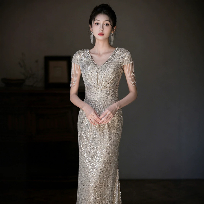 Evening Dress for Women 2026 New Style High-End Elegant Long Dress with Shoulder Tassels Host Annual Meeting Fishtail Sequin Dress