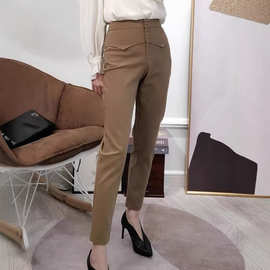 知性通勤好版型！杏色金扣单排扣高腰修身西裤小脚裤女2026春新款