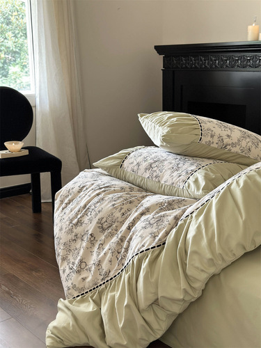 French pleated lace 120-count long-staple cotton brushed four-piece set with fresh printing thickened warm quilt cover sheets