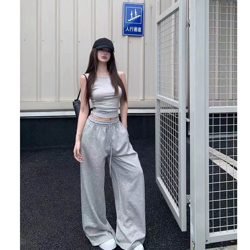 Новые женские серые спортивные брюки женские высокие талии рыхлые тонкие широкие ноги прямые брюки повседневная веревка американские брюки
