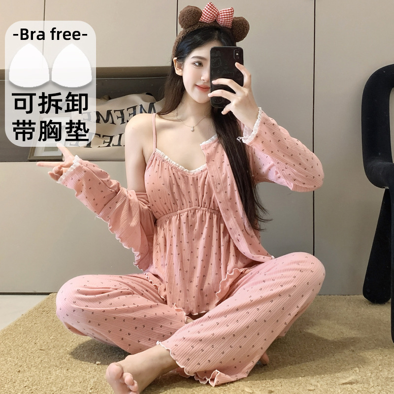 2025春夏季新款三件套6535棉带胸垫可拆卸背心+长袖+长裤女士睡衣|undefined