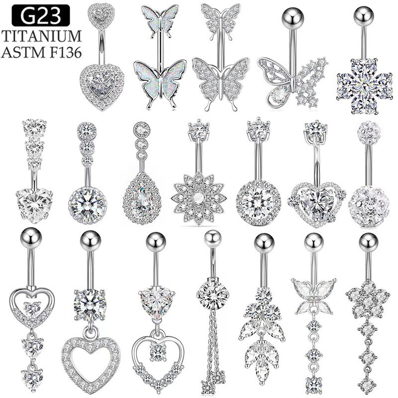 Cross-Border G23 Titanium Alloy Navel Ring with Zircon Heart Flower Butterfly Navel Ring F136 Navel Ring