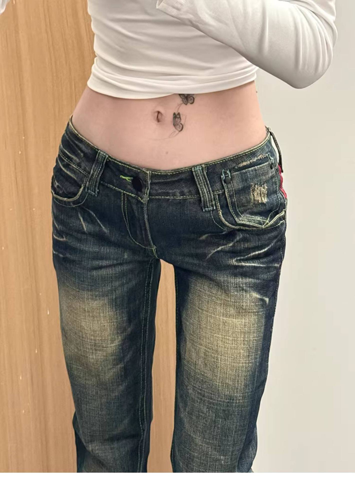 Y2k Vintage Low-Rise Distressed Jeans For Women - Baggy Straight Leg Denim Pants With Heavy Embroidery, Grunge Aesthetic_ecoleips.com