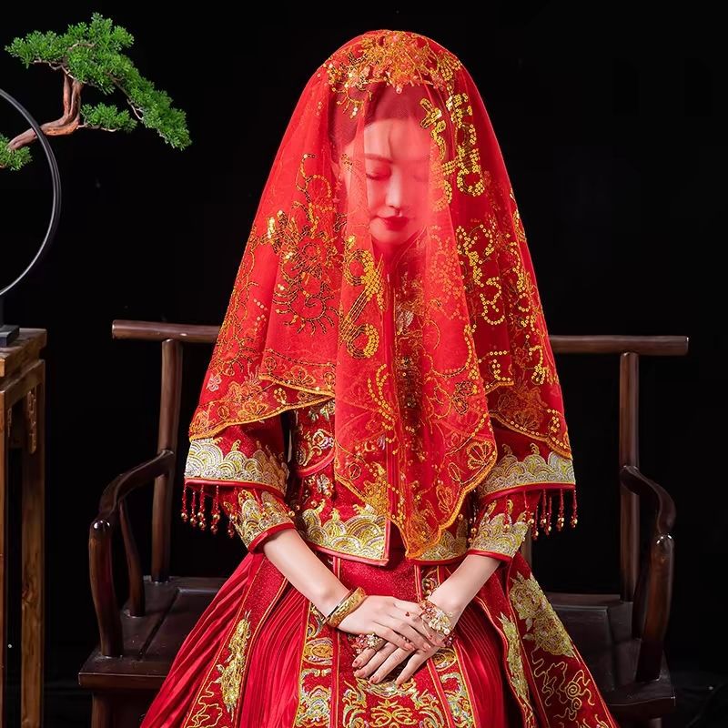红盖头新娘秀禾新款婚纱盖头透明纱婚庆一整套半透明结婚舞蹈
