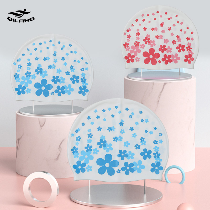 Gorro de baño estampado de silicona para hombres y mujeres adultos y niños patrón de flor universal protección auditiva impermeable gorro de baño al por mayor