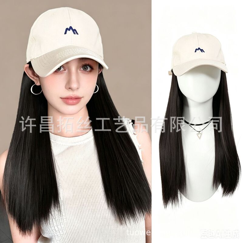 Hat and Wig Integrated Women's New Style Small Mountain Embroidery Natural Sun Protection Peaked Cap with Wig Hat Integrated Full Headgear