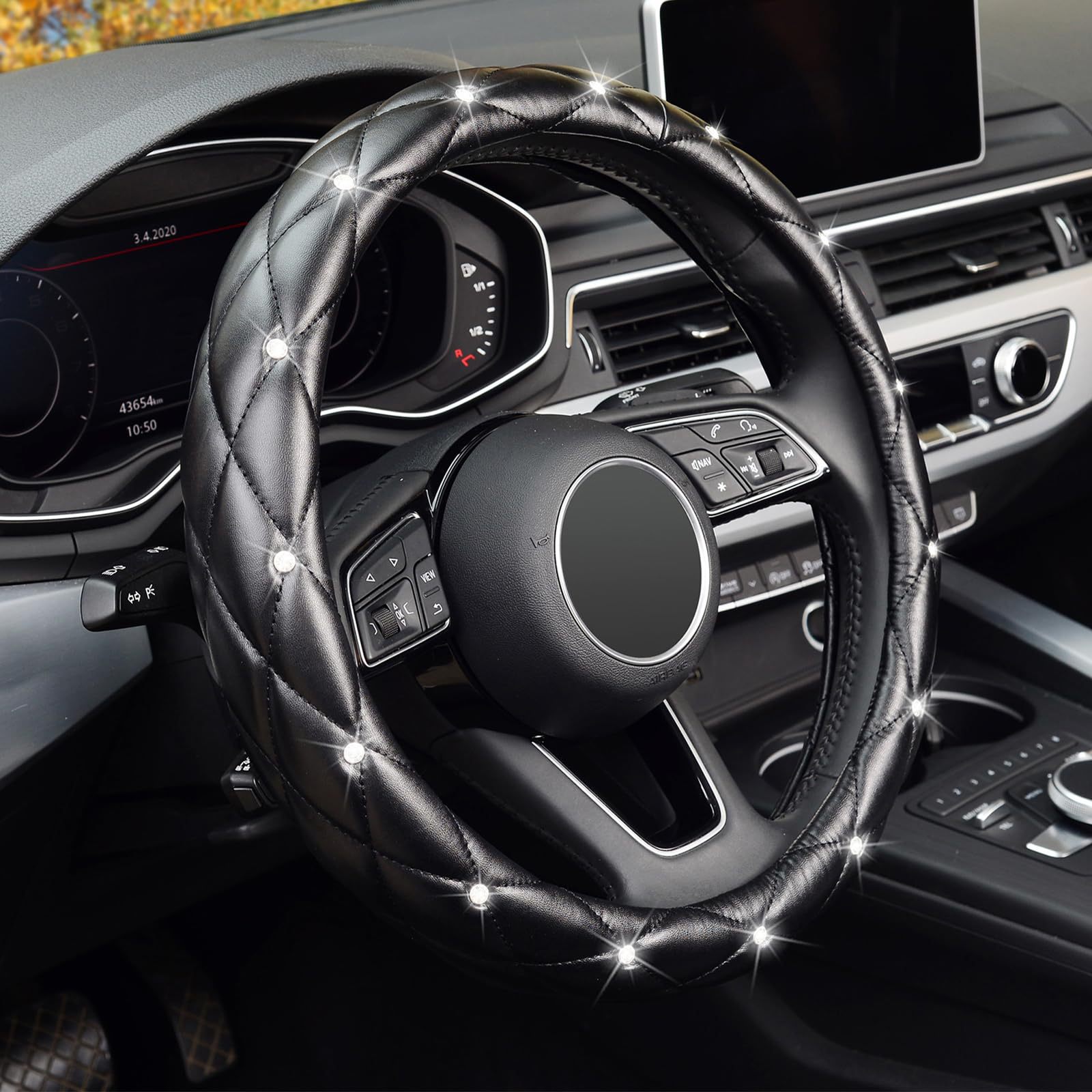 Factory Direct Sales Amazon Car Diamond-Studded Steering Wheel Cover, Universal for All Seasons, Soft Leather Anti-Slip Rhinestone Handle Cover