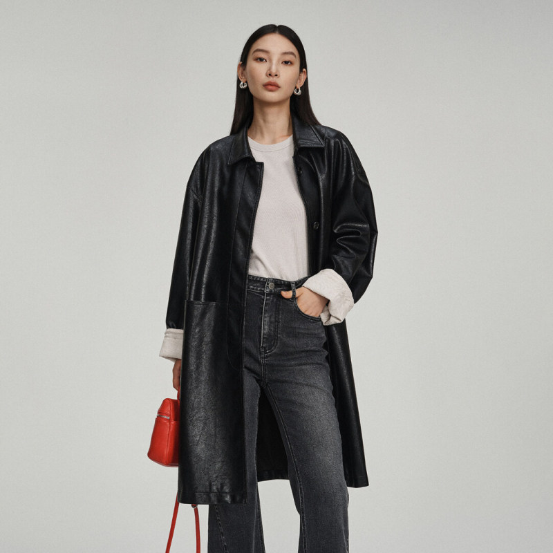 2026 Early Spring Long Pu Leather Jacket for Women with a Turn-Down Collar, Windproof, Structured Texture, Casual and Fashionable 2026 Early Spring Long Pu Leather Jacket for Women with a Turn-Down Collar, Windproof, Structured Texture, Casual and Fashionable