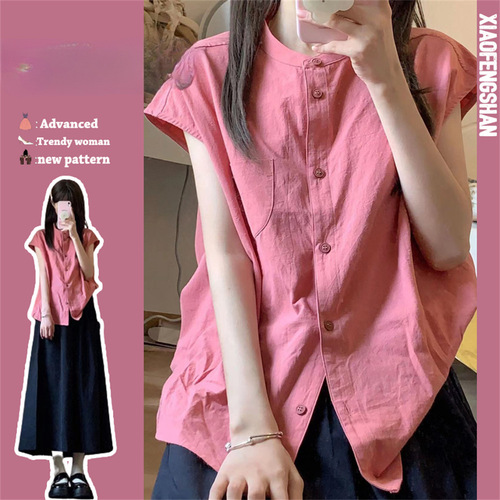 Japanese-style regular shoulder short-sleeve women's summer sleeveless backless top women's design sense niche chiffon top