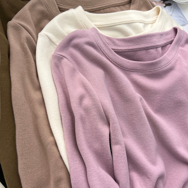 奥特莱斯~清仓撤柜磨毛加厚圆领打底衫女秋冬新款温柔长袖t恤上衣