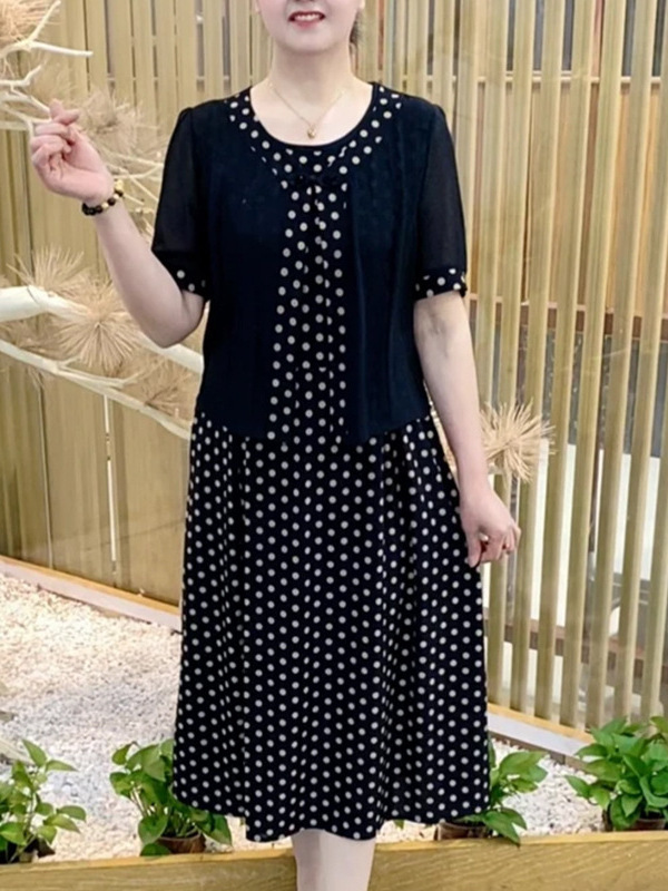 女性用フェイクツーピースドレス、夏用スリムロングスカート、大きいサイズ、中高年ママ、水玉半袖スカート、ミドル丈|undefined