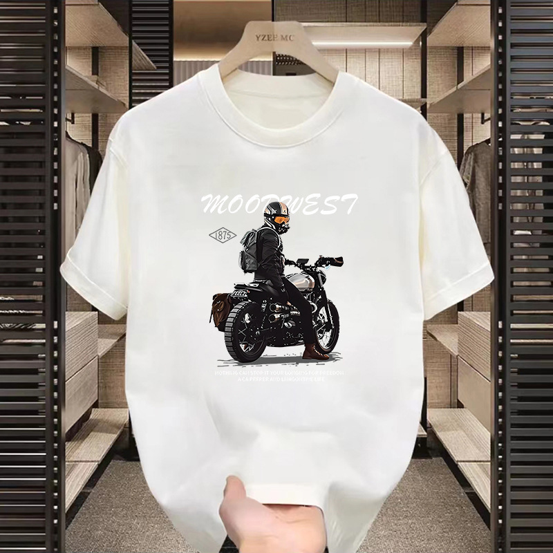 Factory wholesale American high street motorcycle printed short sleeve T-shirt men's high sense five sleeve top base shirt