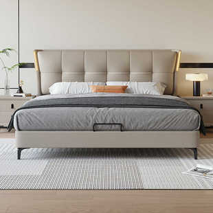 Italian Light Luxury Leather Art Bed Master Bedroom Modern Simple 1.8 m Bed Solid Wood Wedding Bed Soft Bag Leather Bed Minimalist Storage