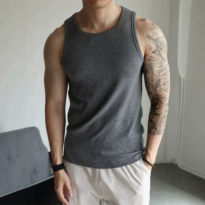 Pure cotton scoop neck ribbed tank top, stretchy slim fit, casual fitness sports, spring/summer base layer for men