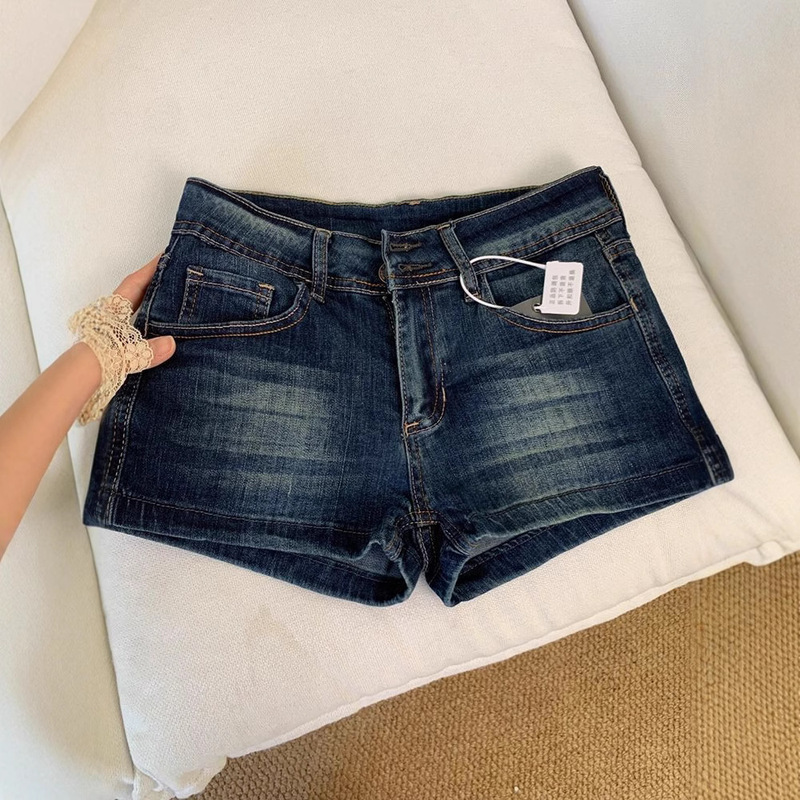 American-Style Spicy Low-Rise Denim Shorts for Women, Summer Deep Blue Versatile Slimming Hip-Lifting A-Line Hot Pants