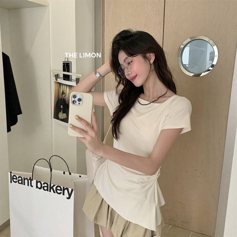 THE LIMON Lemon Green Tea Coreano Pure Wind Sin espalda Encaje Cintura Delgado Camiseta de manga corta Mujer