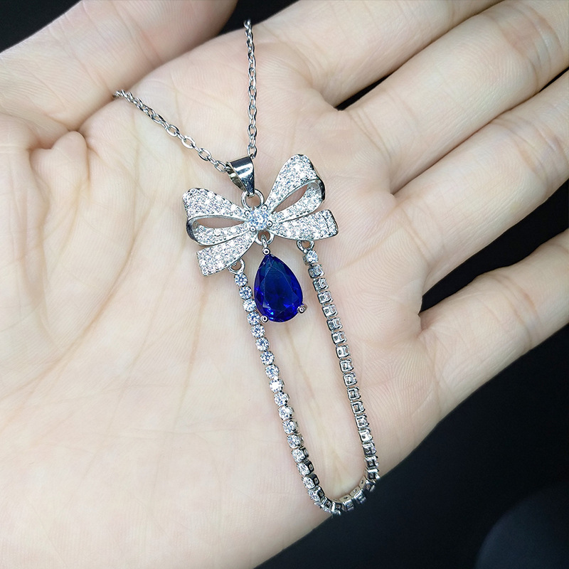 Sweet Water Droplets Bow Knot Copper Inlay Zircon Necklace 1 Piece