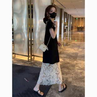 Korean Style See-Through Layered Mid-Length Dress Lace Curtain Two-Piece Short-Sleeved Mesh Heavy-Duty Suit Skirt for Women