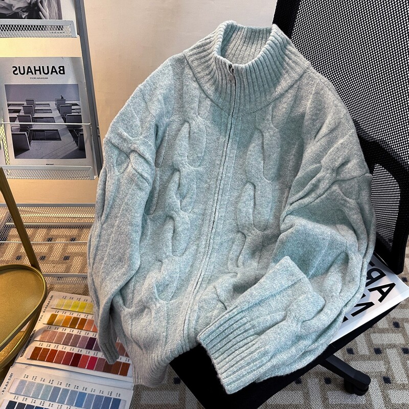 Lazy Style Casual Collar Twist Sweater Coat Men's Autumn 2024 New Loose All-match Thickened Knitted Cardigan Top