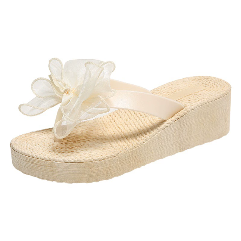 Новые летние модные шлепанцы на платформе с бантом, женские нескользящие сандалии на среднем каблуке, пляжная обувь для морского отдыха