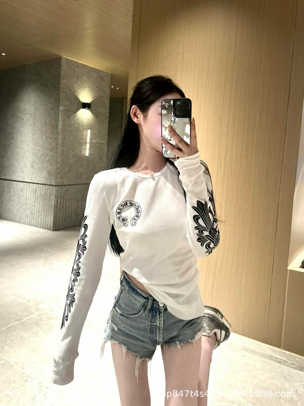 25ss潮牌正确版CH克罗*新款华夫格马蹄印花臂印花男女同款长袖T桖|undefined