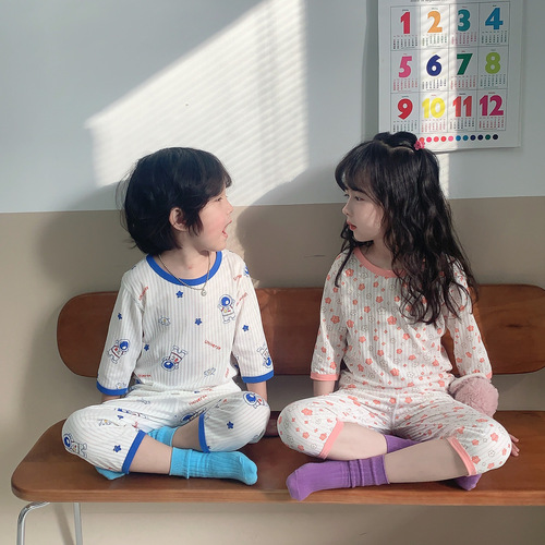 Children's pajamas summer thin three-quarter sleeve girls cartoon home clothes set baby short-sleeved air-conditioned clothes set summer