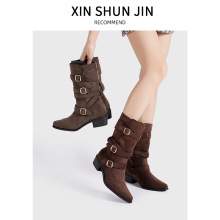 尖头粗跟骑士靴短靴女秋季2025新款英伦风搭扣西部靴中筒马丁靴女