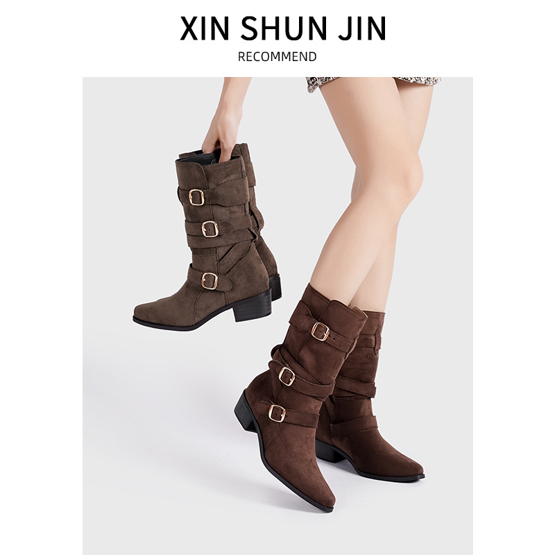 Spetsiga Knight-stövlar för kvinnor Hösten 2024 nya brittiska stövlar med spänne i västerländsk stil, mellanhöga Martens-stövlar för kvinnor_voghion.com