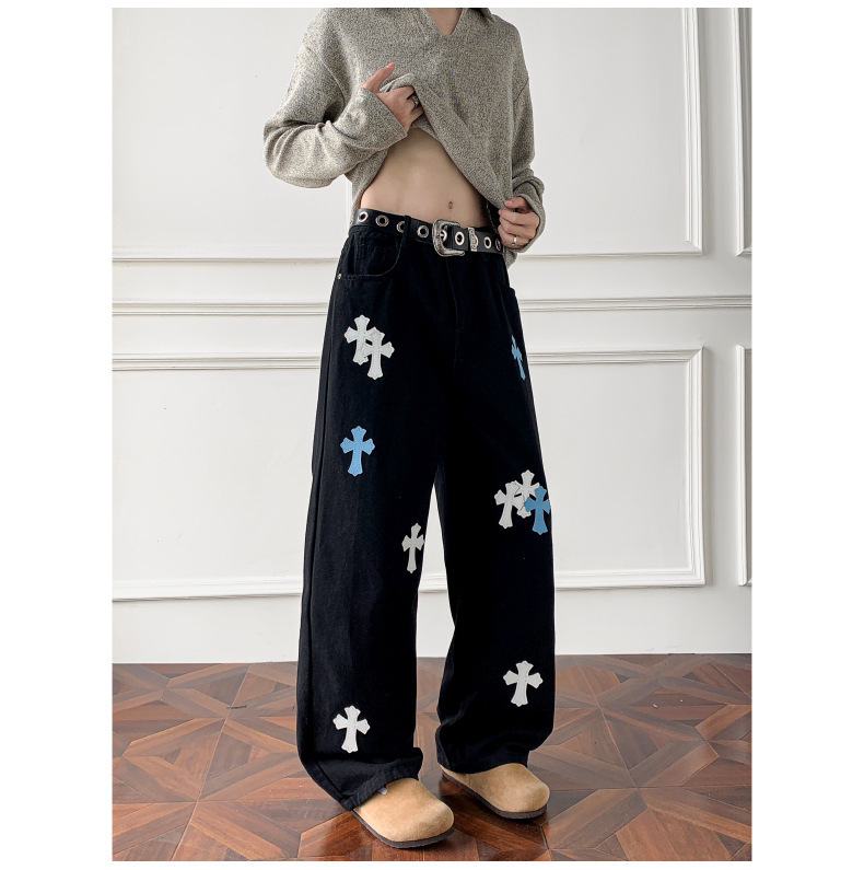 American-Style Straight-Leg Jeans for Men and Women, 2025 Spring and Autumn, with Leather Label Embroidery Cross Design, Street-Style, Floor-Length Wide-Leg Pants