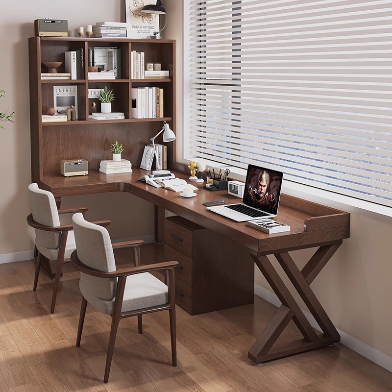 Solid Wood Desk and Bookcase Integrated Combination Double Corner Office Desk with Side Panels Bedroom L-Shaped Corner Computer Desk and Chair