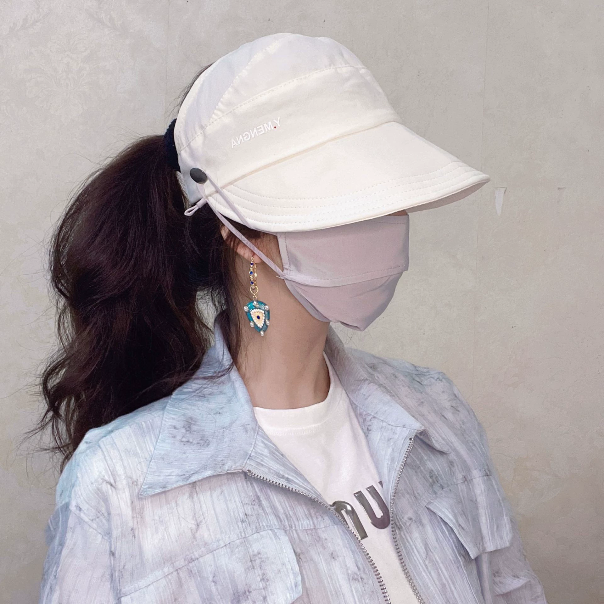 Sun hat ponytail cap, quick‑dry thin summer sun hat with ponytail opening and mask hook, adjustable