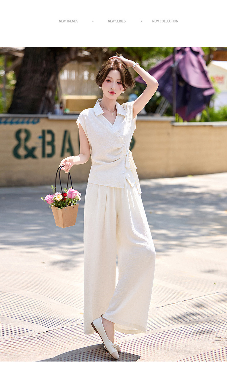 Bộ quần áo nữ hai mảnh gồm áo sơ mi eo thon và quần ống rộng, thiết kế thanh lịch mùa hè 2026 — Xanh lông mòng đen, màu mơ chi tiết 24