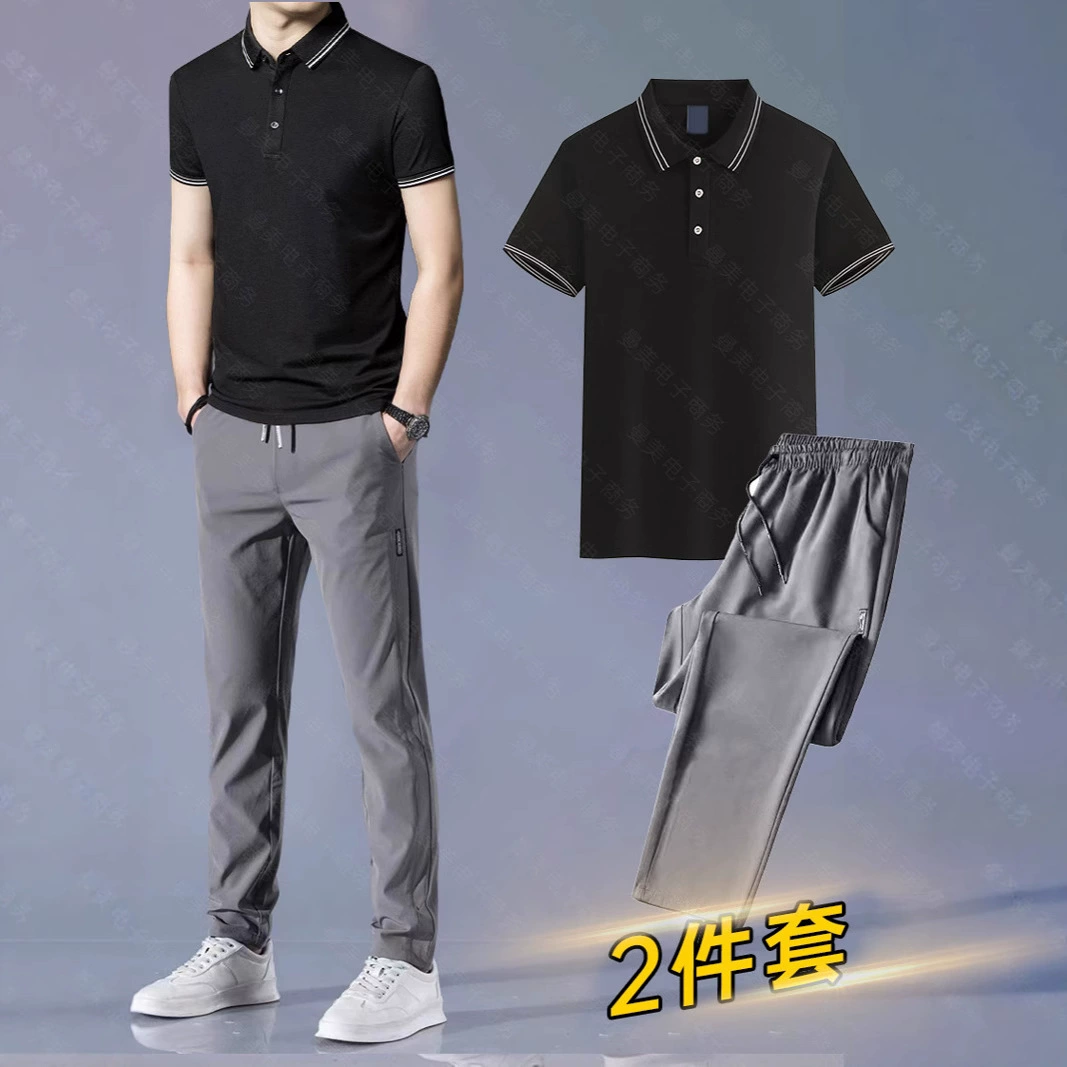 Летняя рубашка-поло из ледяного шелка с короткими рукавами, повседневный костюм, мужские тонкие красивые свободные спортивные шорты, комплект из двух предметов