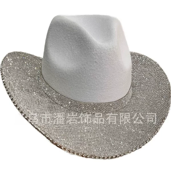 Foreign Trade European and American British Style Hats Western Cowboy Jazz Hats for Men and Women with Rhinestones Wool Felt Hats with Large Brim