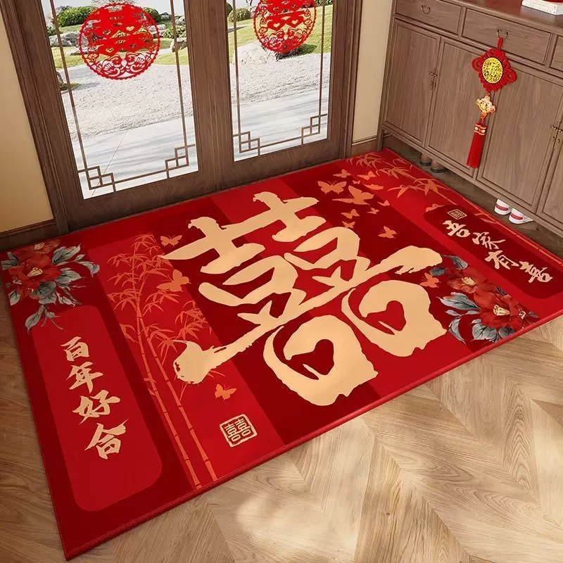 结婚红色喜庆入户门地垫玄关进门防滑除尘水晶绒脚垫家用耐脏脚垫