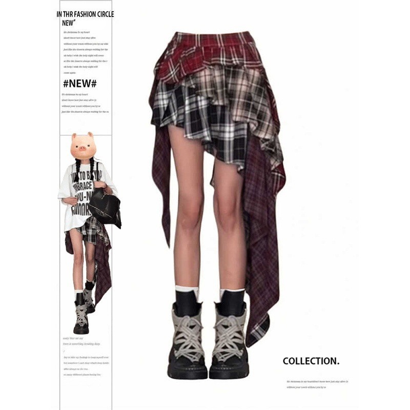 Plus-Size Designer Niche Patchwork Plaid Midi Skirt for Women, New Summer Irregular Color-Blocking Ins