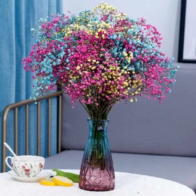 하늘색 + 장미 빨간색 + 노란색 아기의 숨결 - 꽃병 없음