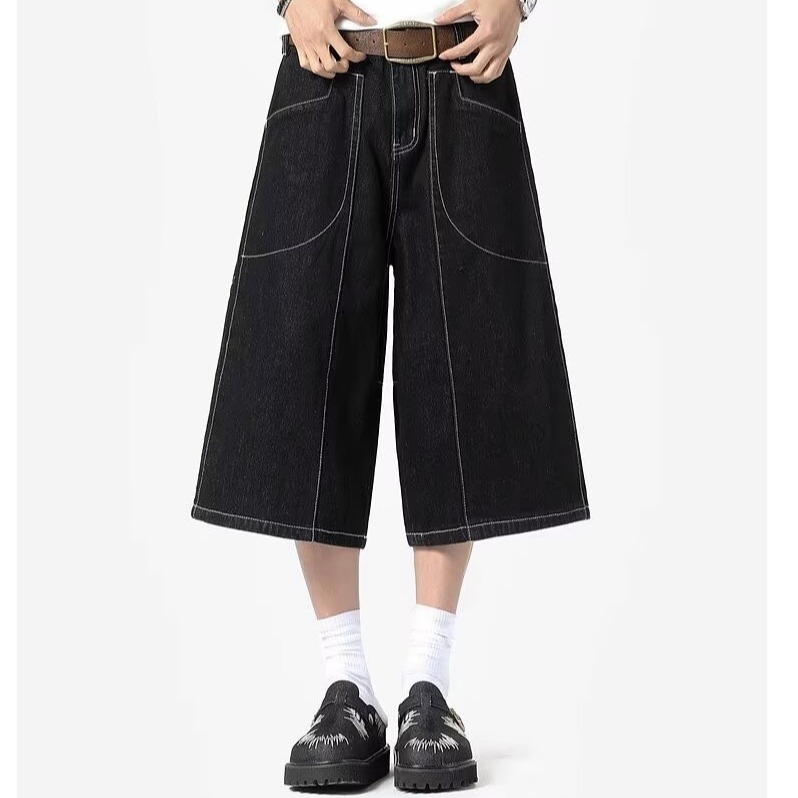 Black Spliced Denim Cropped Pants Men's American Retro Cargo Shorts Loose Wide-Leg Cropped Pants