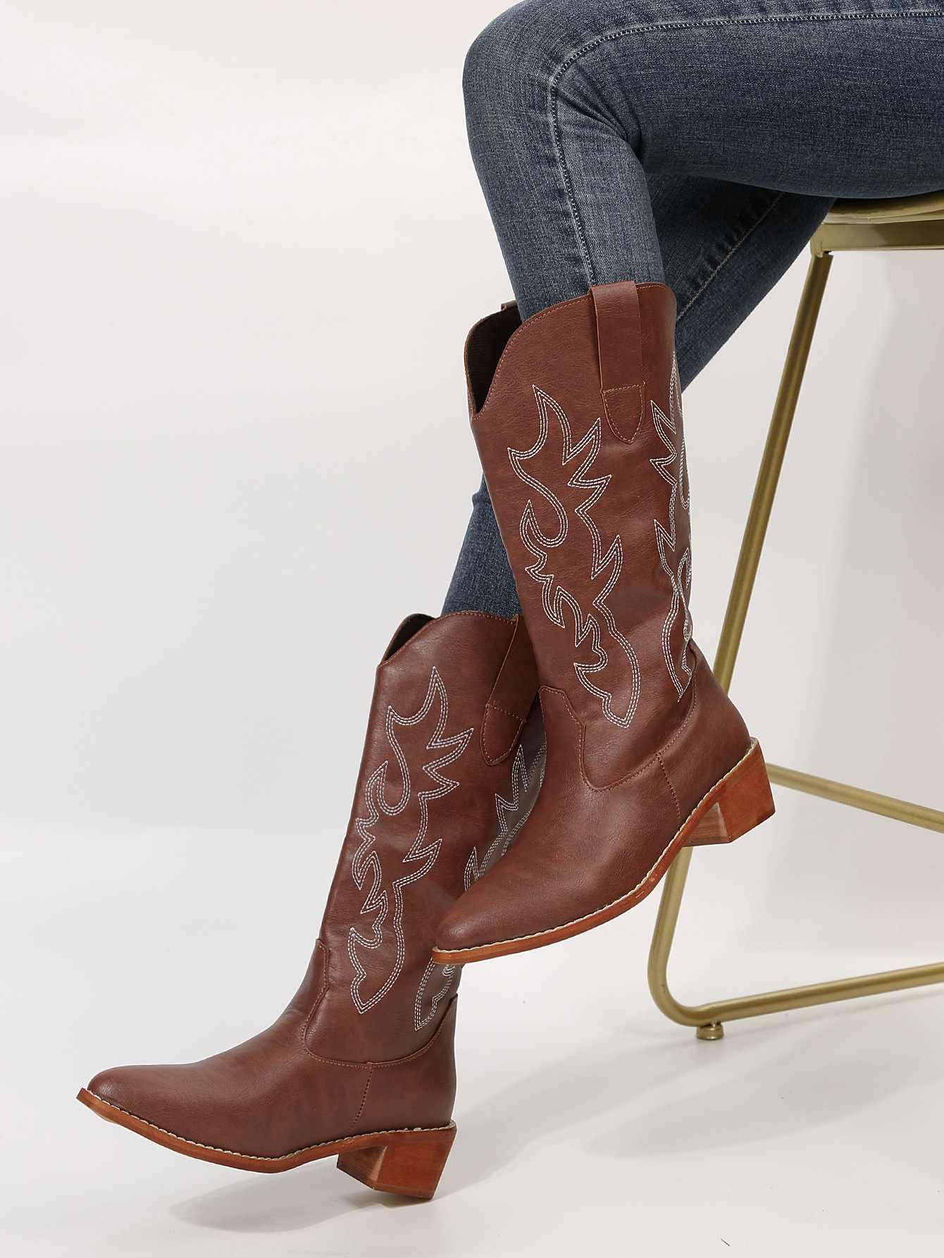 Dámské rytířské boty s vyšívanými dřevěnými kořeny, střední délky a špičatým hrotem, plus size_voghion.com