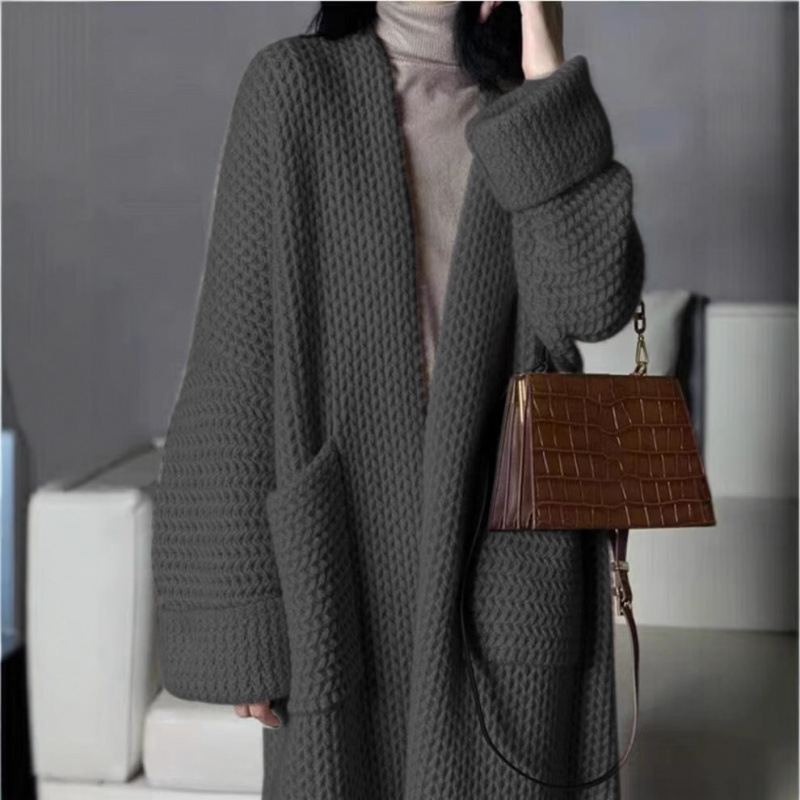 秋冬の新型ウールのカーディガンの女性の中の長さのニットは厚いコートの長袖を厚くします。|undefined