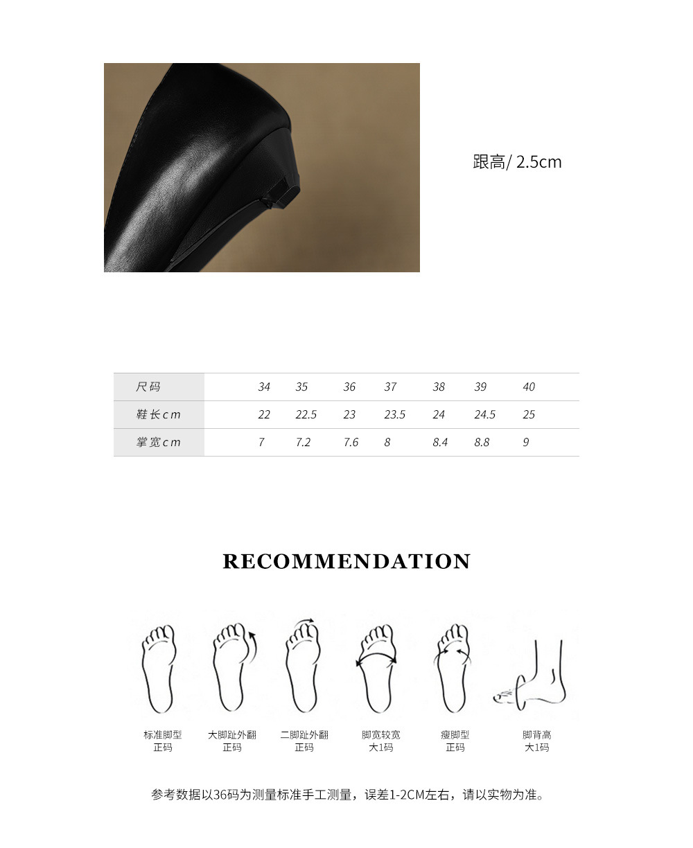 Giày da bò mũi nhọn miệng nông gót thấp 2,5 cm phong cách Hàn Quốc — màu nâu chi tiết 4