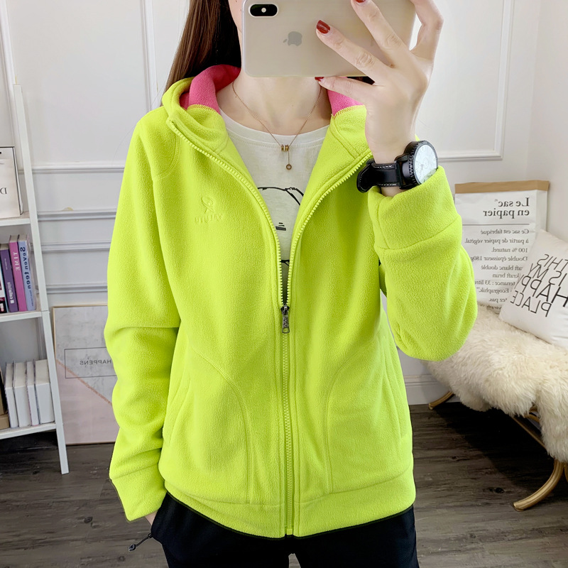 Outdoor hooded fleece coat women's top polar fleece cardigan thickened warm mountaineering hiking sweater coat autumn and winter