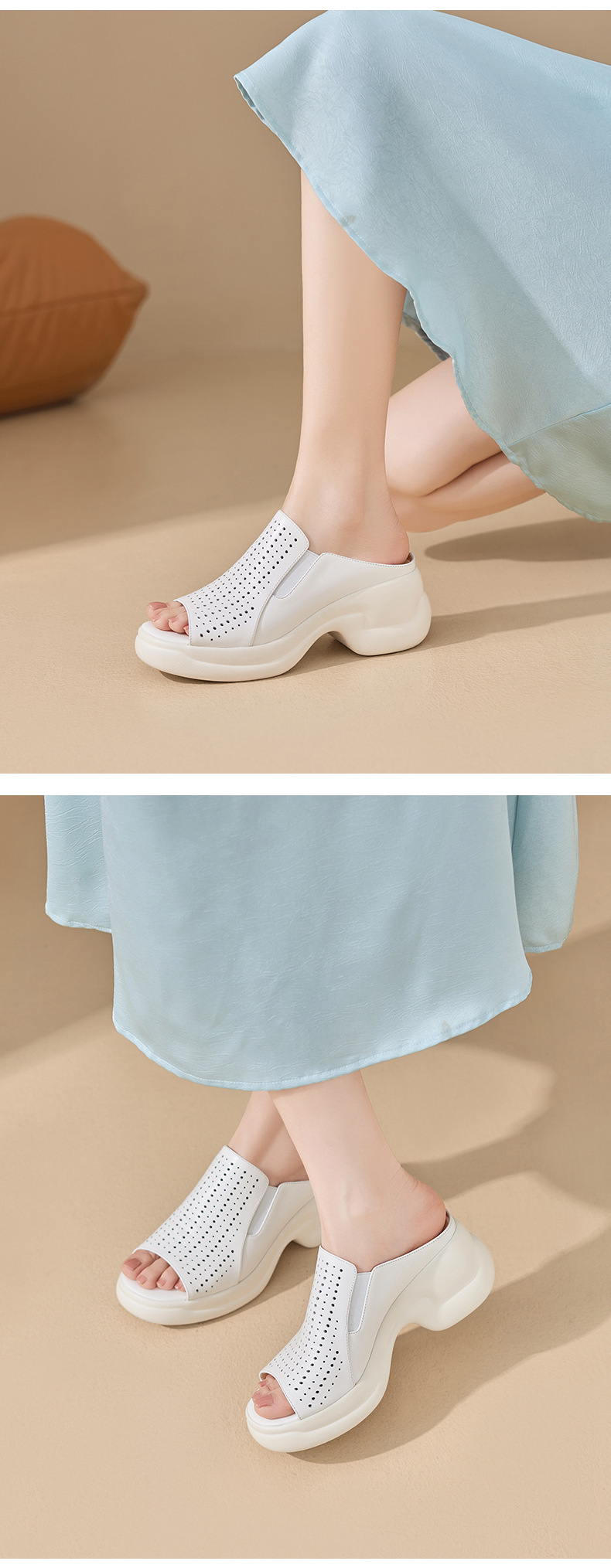 Dép sandal nữ da bò đục lỗ đế xuồng cao gót 9 cm — màu trắng ngà chi tiết 5